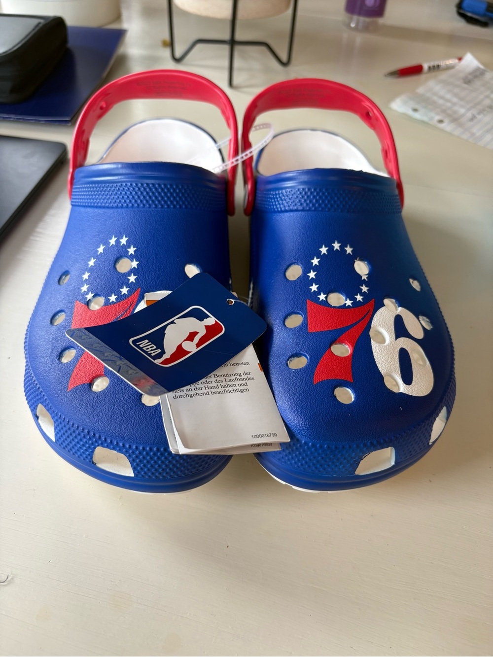 Men’s Size 11 Crocs. NBA Philadelphia 76ers edition.